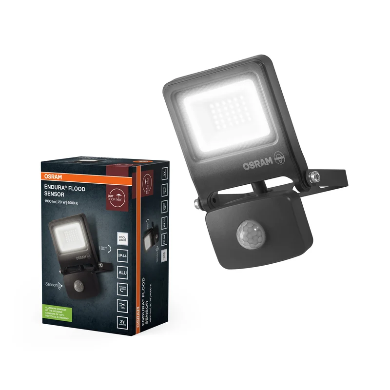 Proyector LED OSRAM ENDURA FLOOD PC 20 W con sensor, 4000 K, 1800 lúmenes, IP44, detector de movimiento por infrarrojos, tiempo y lux ajustables, gris oscuro