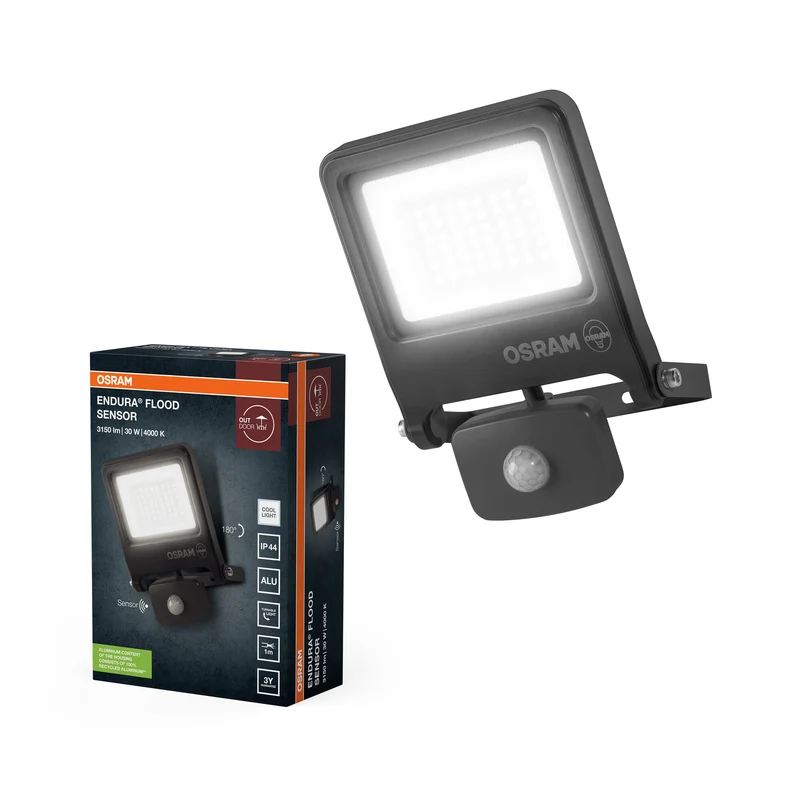 Proyector LED OSRAM ENDURA FLOOD PC 30W con sensor, 4000 K, 3000 lúmenes, IP44, detección de movimiento de 9 m, sensor de luz diurna, color gris