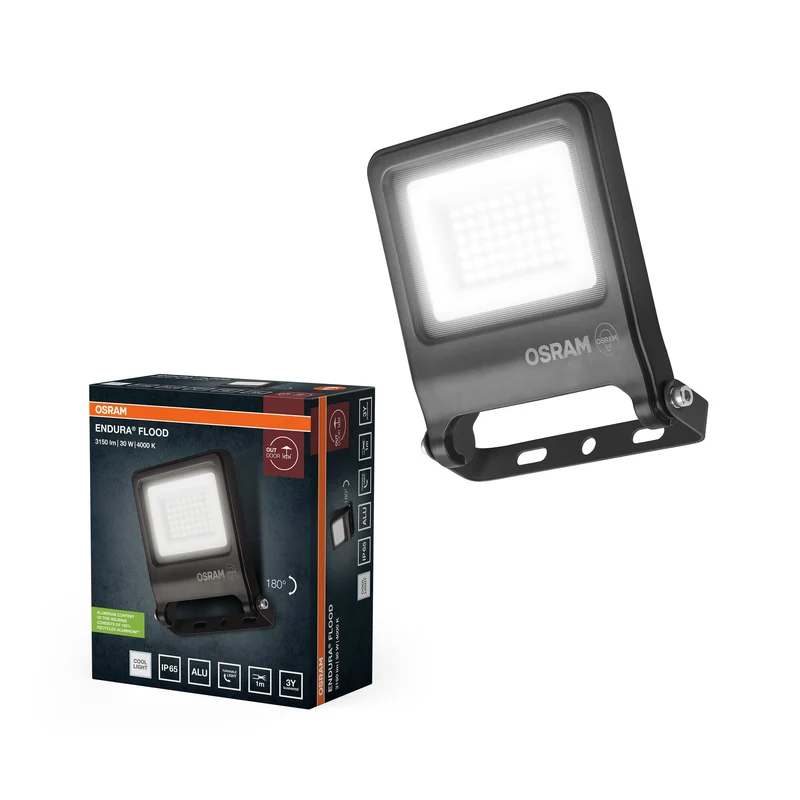 Proyector LED OSRAM ENDURA FLOOD PC 30 W, 4000 K (blanco frío), 3000 lúmenes, protección IP65, soporte de montaje de 180°, 100 lm/W, gris