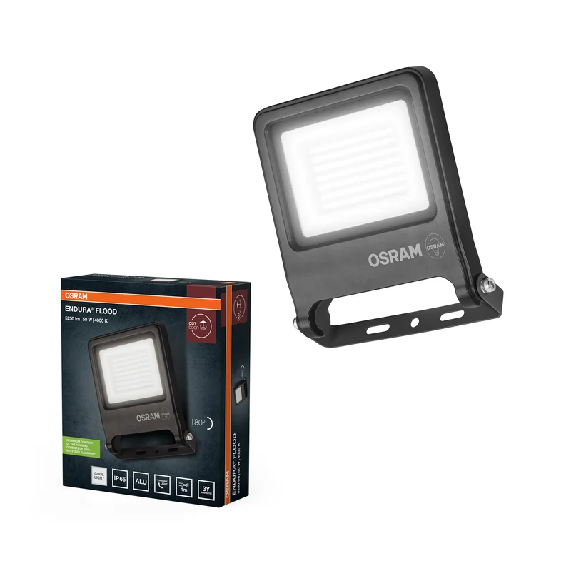 Proyector LED OSRAM ENDURA FLOOD PC 50 W, blanco frío 4000 K, 5000 lúmenes, IP65. Ideal para iluminar grandes superficies, fabricado en aluminio reciclado, con una eficiencia de 100 lm/W