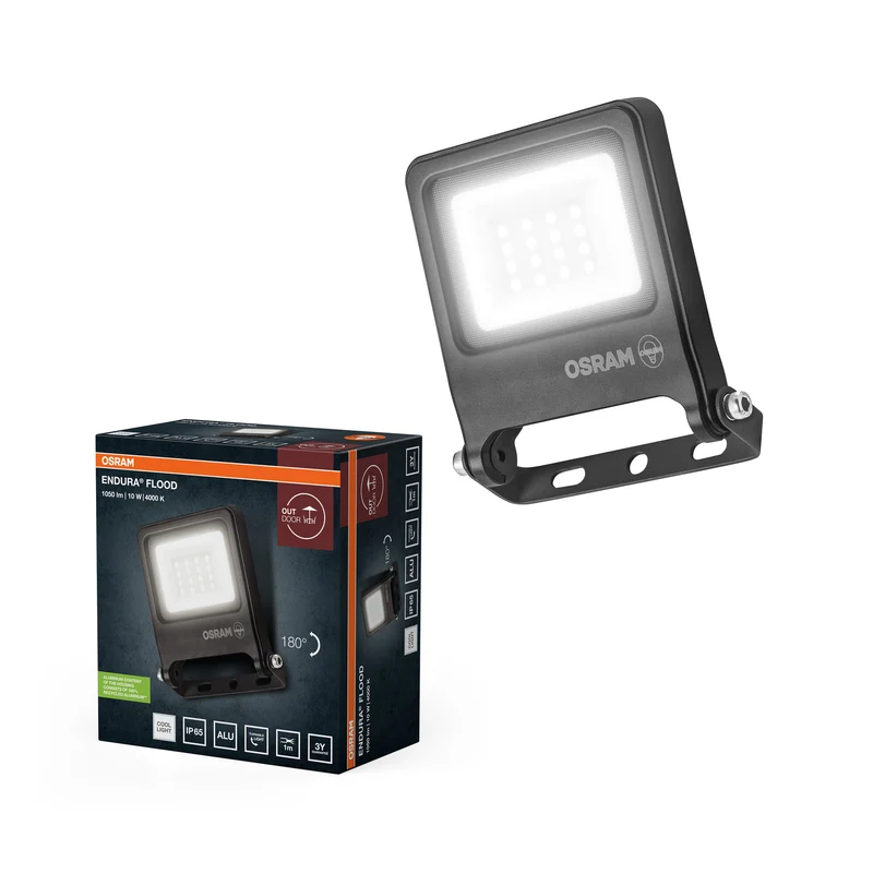 Proyector LED OSRAM ENDURA FLOOD PC 10 W, 4000 K (blanco frío), 1000 lúmenes, IP65 resistente a la intemperie, orientable 180°, gris oscuro
