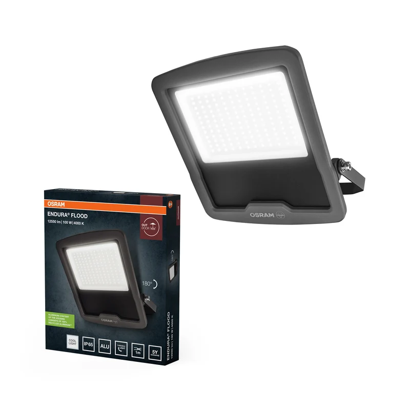 Proyector LED OSRAM ENDURA FLOOD PC 100 W, 4000 K (blanco frío), 12 000 lúmenes, protección IP65, aluminio reciclado, eficiencia de 120 lm/W, color gris, 230 V