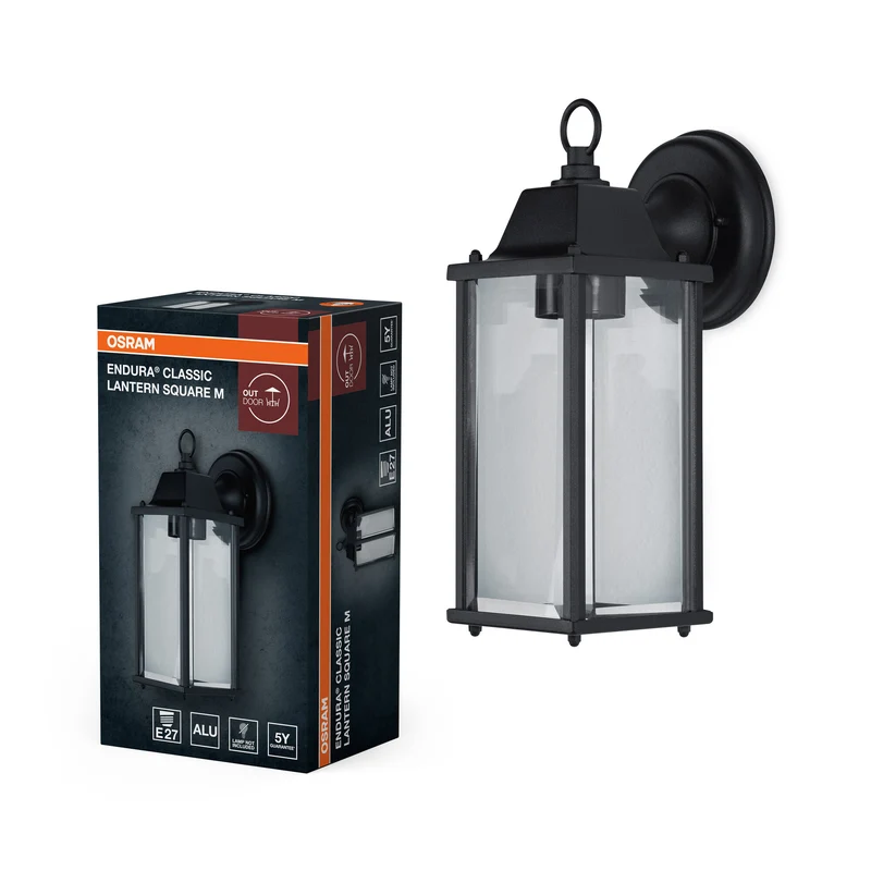 OSRAM ENDURA Classic Lámpara de exterior M E27 Negro, IP43, carcasa de aluminio, cristal transparente, sin bombilla, montaje en pared para zonas protegidas