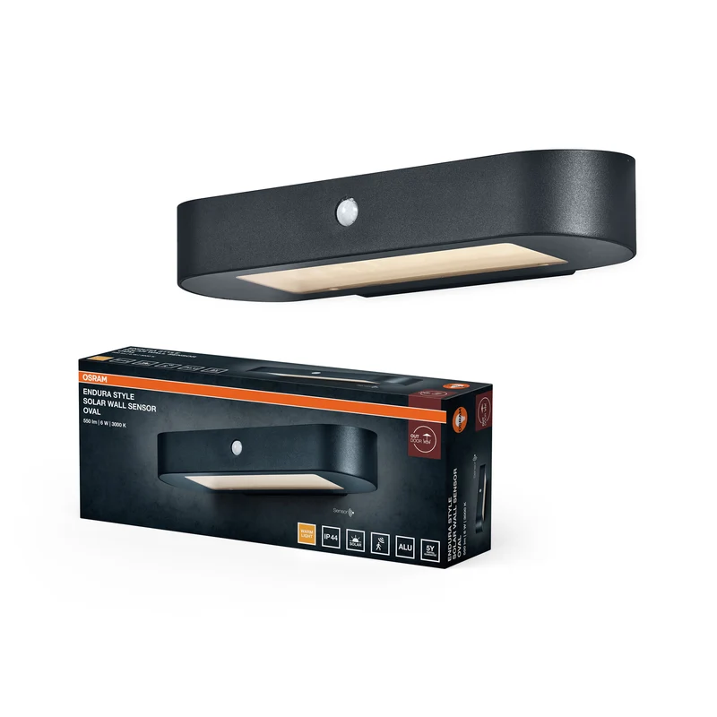 Lámpara de pared solar OSRAM ENDURA Style Oval, luz blanca cálida (3000 K), sensor integrado, funciona sin corriente, batería de larga duración: 30 veces 60 segundos en modo PIR, clase de protección IP44, color negro