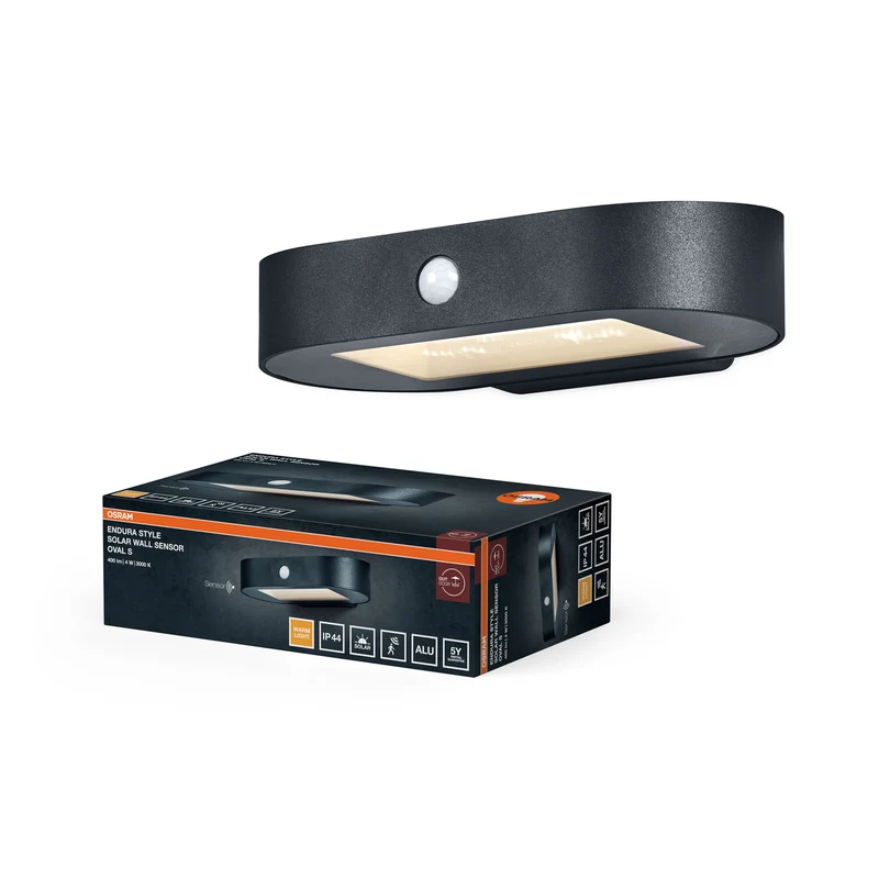 Lámpara solar de pared OSRAM ENDURA Style, pequeña y ovalada, luz blanca cálida (3000 K), sensor integrado, funciona sin corriente, larga autonomía: 30 veces 60 segundos en modo PIR, clase de protección IP44, color negro