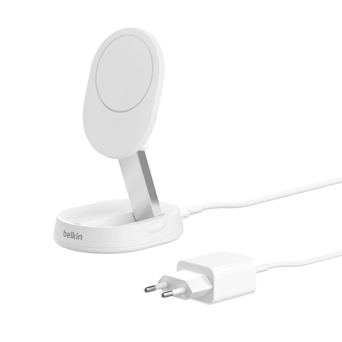 Cargador inalámbrico PRO convertible Qi2 de 15 W con soporte magnético y fuente de alimentación (PSU) de Belkin - Blanco