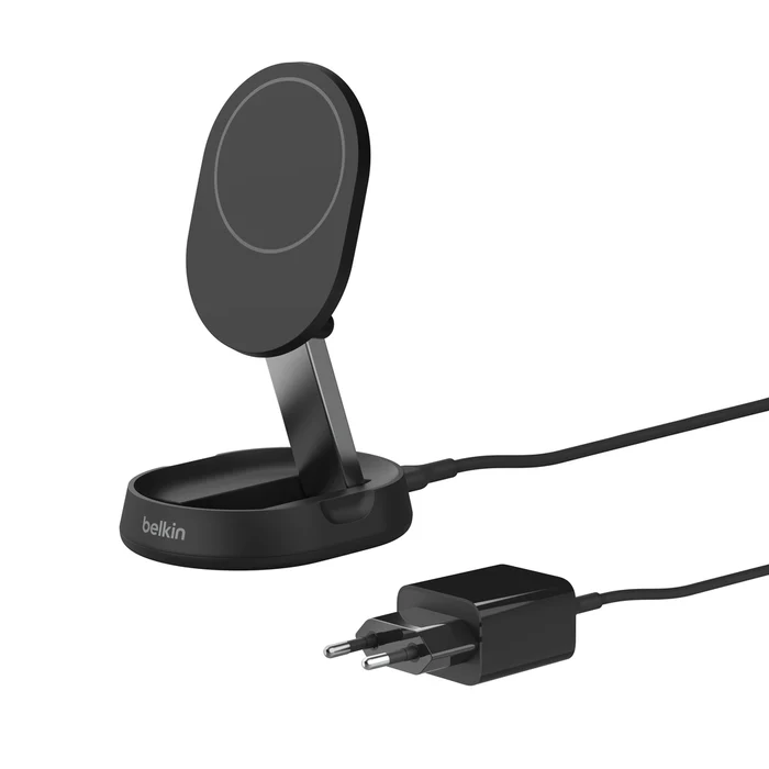 Cargador inalámbrico PRO convertible Qi2 de 15 W con soporte magnético y fuente de alimentación (PSU) de Belkin - Negro