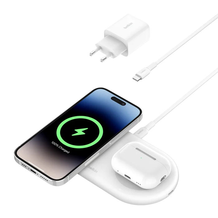 Cargador inalámbrico PRO 2 en 1 Qi2 de 15 W con base magnética de Belkin - Blanco