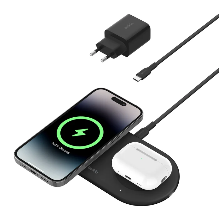 Cargador inalámbrico PRO 2 en 1 Qi2 de 15 W con base magnética de Belkin - Negro
