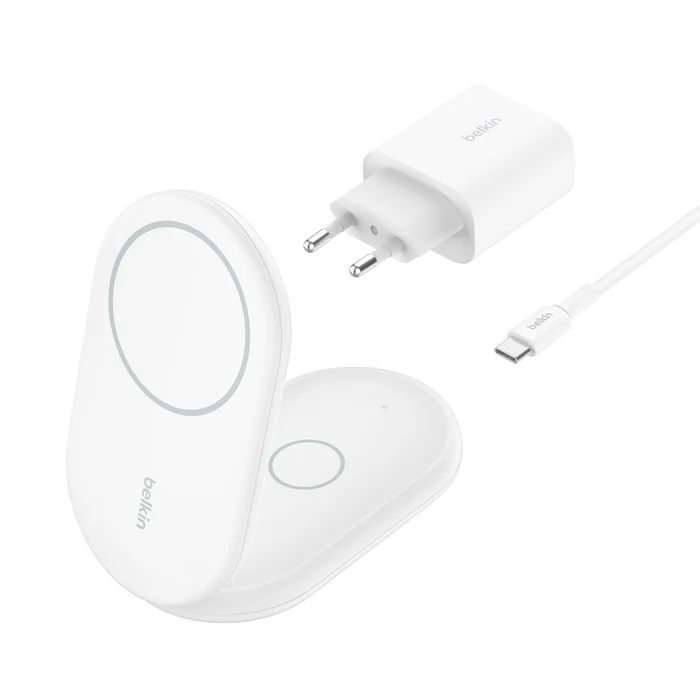 Cargador inalámbrico Qi2 de 15 W con soporte magnético 2 en 1 de Belkin - Blanco