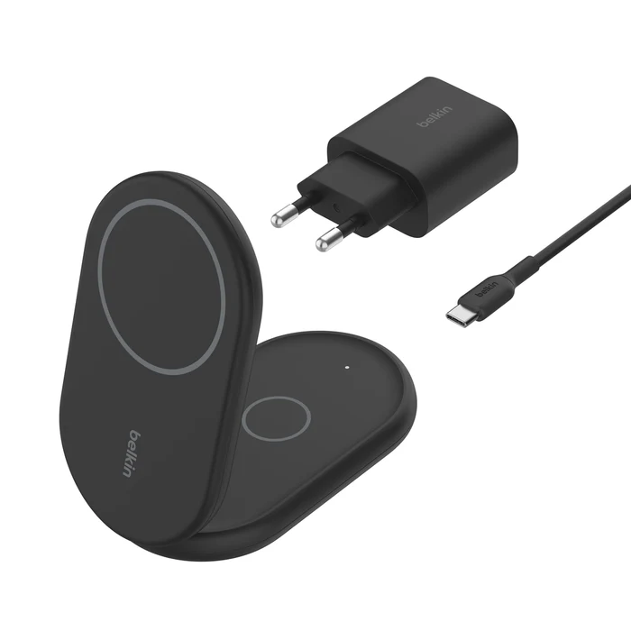 Cargador inalámbrico Qi2 de 15 W con soporte magnético 2 en 1 de Belkin - Negro