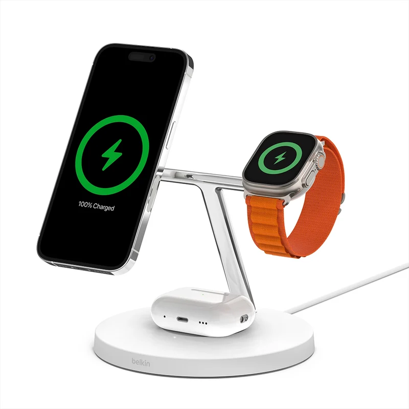 Cargador inalámbrico 3 en 1 de 15 W con tecnología MagSafe oficial BoostCharge Pro de Belkin - Blanco