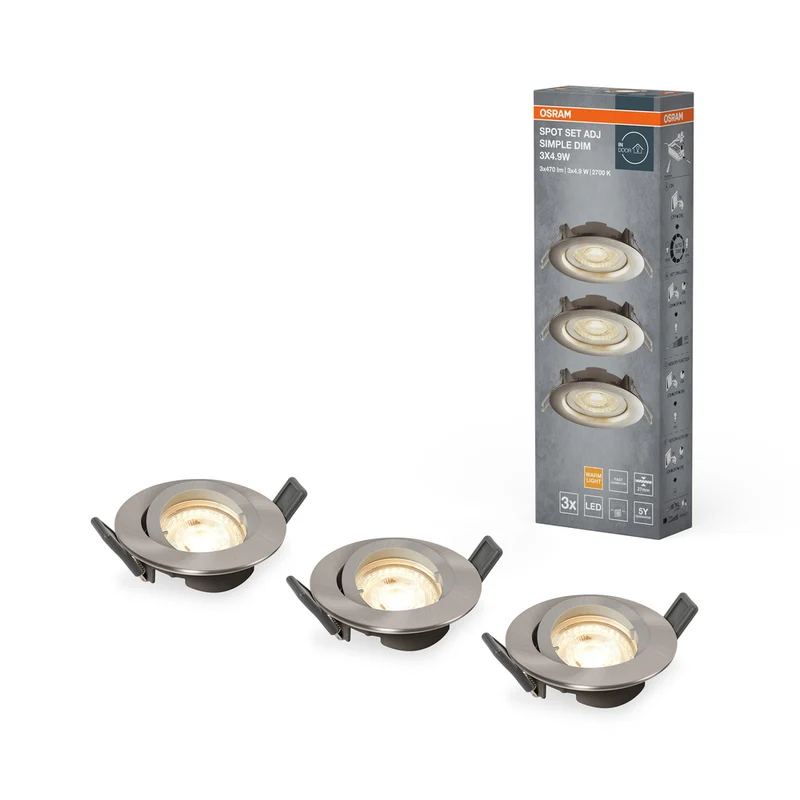Focos LED empotrables OSRAM, Ø 90 mm, juego de 3, 3 x 5 W, blanco cálido, regulables de forma continua mediante interruptor de pared, gris
