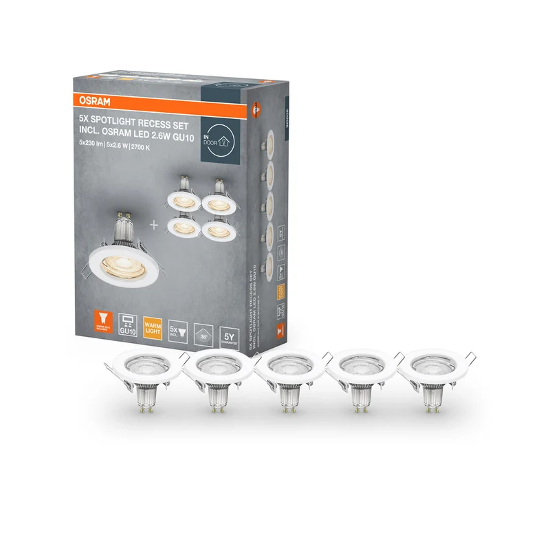 Focos empotrables OSRAM, paquete de 5, Ø 80 mm, incluye 5 bombillas GU10 OSRAM (5 de 2,6 W), color blanco, carcasa metálica, protección IP20.