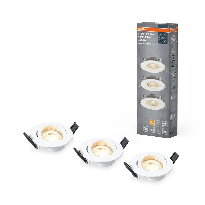 Focos LED empotrables OSRAM (paquete de 3), 3 x 5 W, Ø 90 mm, blanco cálido, regulables mediante interruptor de pared, blanco