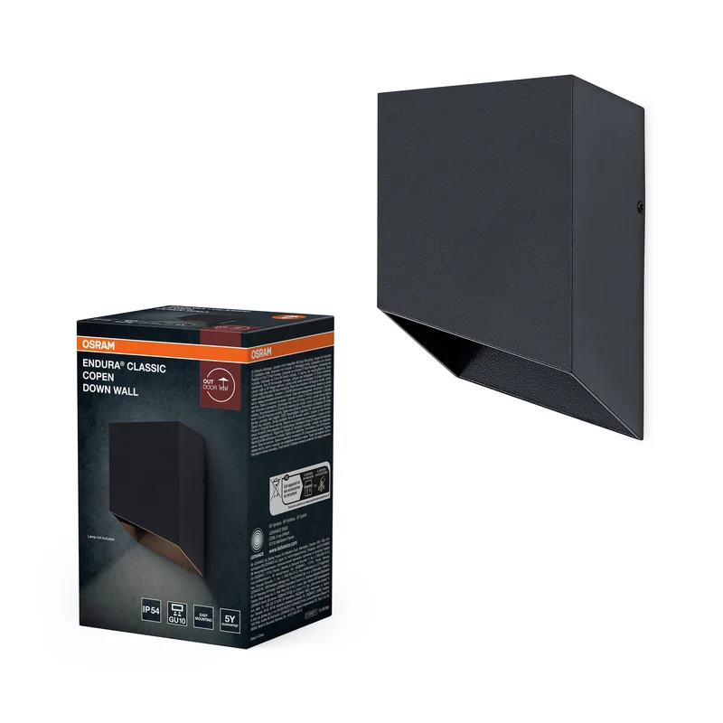 Lámpara de pared para exterior OSRAM, gris oscuro, casquillo GU10, IP54, carcasa de aluminio, cubierta de cristal, 84 mm de longitud, 135 mm de altura, 73 mm de anchura, 25 000 h de vida útil