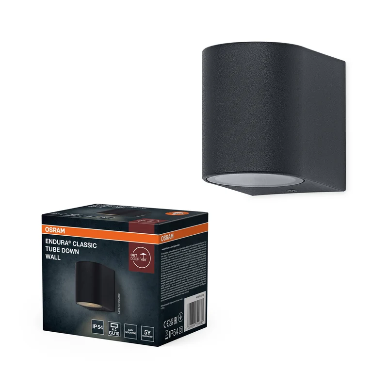 Lámpara de pared para exterior ENDURA Classic Tube, gris oscuro, casquillo GU10, IP54, cubierta de cristal, carcasa de nailon con fibra de carbono, apta para 0-5 W, vida útil de 25 000 h, lista para instalar.
