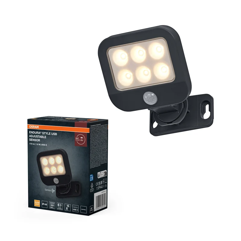 Proyector/foco OSRAM, gris oscuro, 1,8 W, 140 lm, 3000 K, IP44, 25 000 h de vida útil, sensor de movimiento PIR, función de carga USB-C