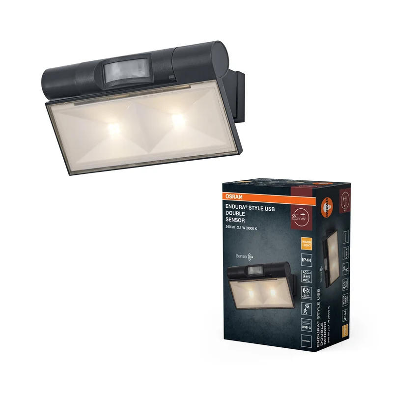 Foco/proyector OSRAM gris oscuro, 180 lm, 2,1 W, IP44, blanco cálido, 3000 K, ángulo de haz de 110°, sensor de luz, vida útil de 25 000 h