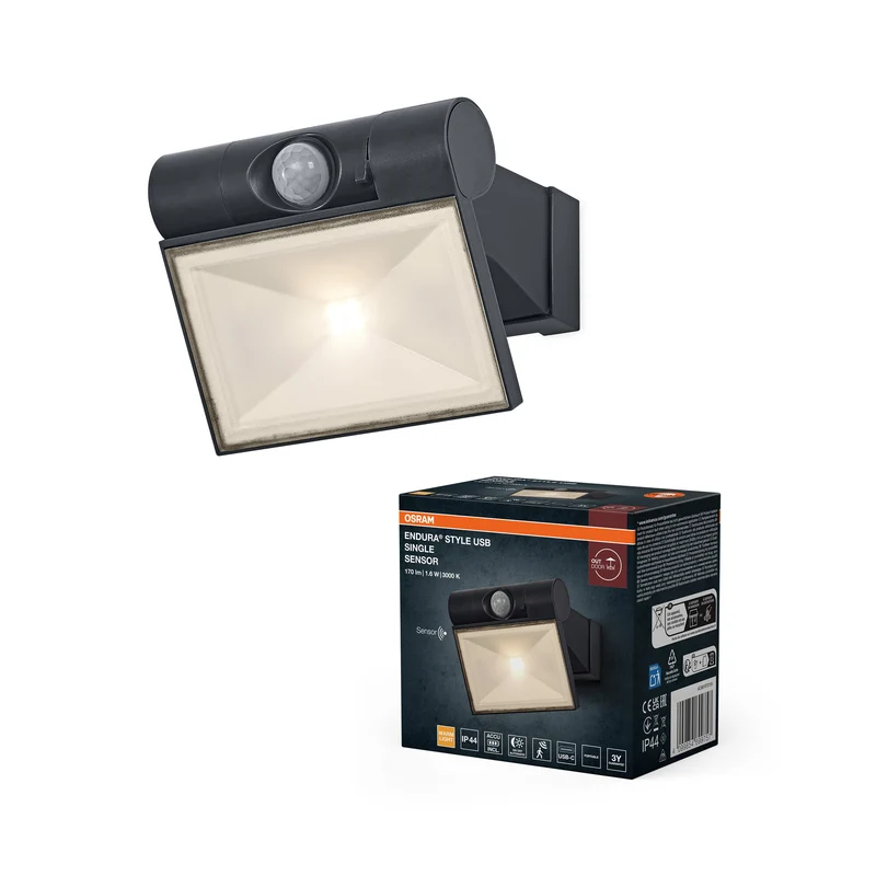 Foco orientable hacia arriba y hacia abajo ENDURA Style USB, gris oscuro, 1,6 W, 120 lm, 3.000 K, ángulo de haz de 110°, IP44, vida útil de 25.000 h, sensor PIR, función de carga USB-C.
