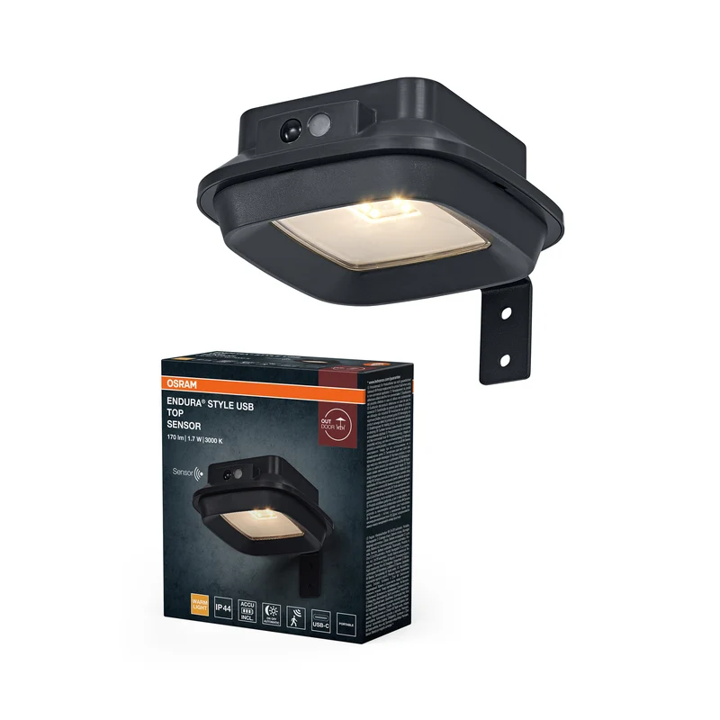Lámpara de pared para exterior OSRAM, gris oscuro, 3000 K, 120 lm, ángulo de haz de 120°, IP44, batería de iones de litio, cable de carga USB-C, sensor de movimiento PIR, 1,7 W, vida útil de 25 000 h