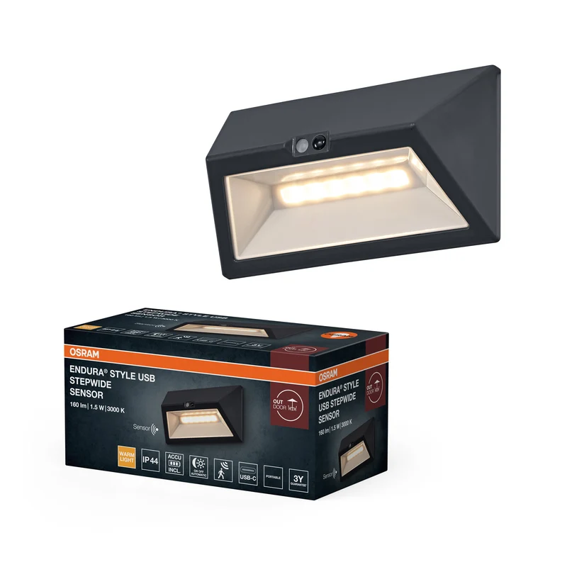 Lámpara de pared para exterior OSRAM, gris oscuro, 1,5 W, 110 lm, 3000 K, ángulo de haz de 55°, vida útil de 25 000 h, IP44, sensor de movimiento PIR, función de carga USB-C