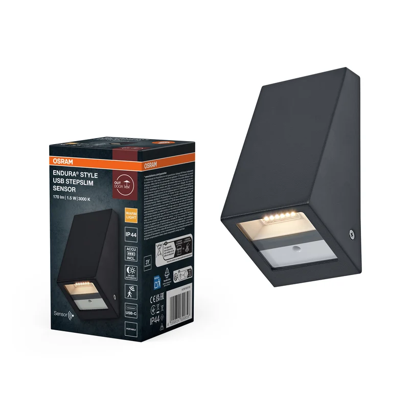 Lámpara de pared para exterior OSRAM, gris oscuro, batería con USB-C, 1,5 W, 120 lm, 3000 K, ángulo de haz de 105°, IP44, sensor de movimiento, sensor de luz natural, 25 000 h de vida útil