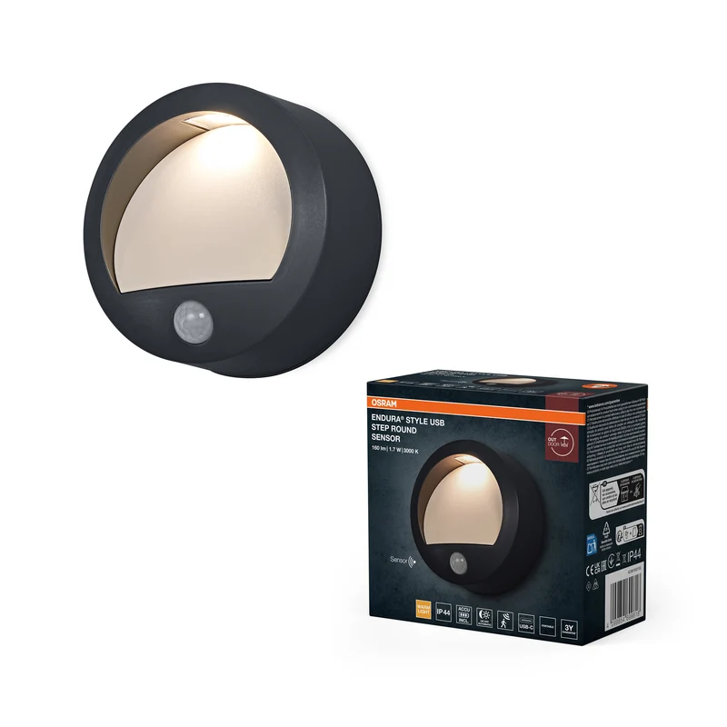 Lámpara de pared para exterior OSRAM, gris oscuro, 1,7 W, 70 lm, 3000 K, ángulo de haz de 50°, IP44, batería, tiempo de carga por USB-C de 5,5 h, vida útil de 25 000 h