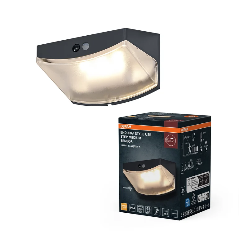 Lámpara de pared para exterior OSRAM, gris oscuro, batería con USB-C, 1,5 W, 3000 K, 120 lm, ángulo de haz de 120°, IP44, sensor de movimiento PIR, tiempo de encendido de 30 s, vida útil de 25 000 h