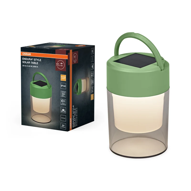 Lámpara de mesa solar ENDURA Style, , alimentación solar, 3000 K, 20 lm, ángulo de haz de 170°, IP44, 199 mm de altura, 25 000 h de vida útil, batería de iones de litio, hasta 10 h de autonomía