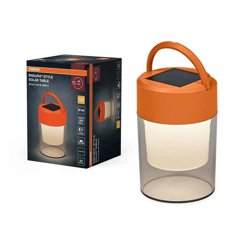 Lámpara de mesa solar ENDURA Style, naranja, 3000 K, 20 lm, ángulo de haz de 170°, IP44, 3,7 V, vida útil de 25 000 h, batería de iones de litio, 199 mm de altura