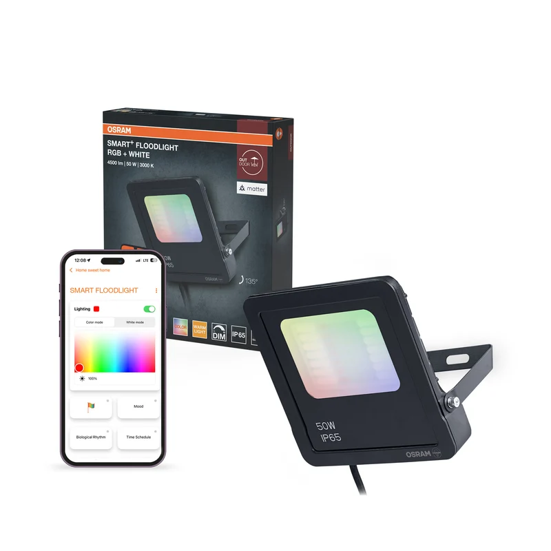 OSRAM SMART+ MATTER Floodlight, proyector LED, 10 W, 800 lm, RGBW (16 millones de colores), 3000 K, WiFi, Matter, Alexa/Google, IP65