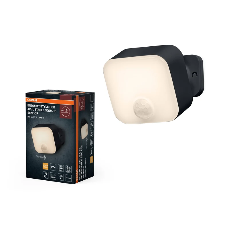 Lámpara de pared para exterior OSRAM, gris oscuro, batería con USB-C, 3 W, 150 lm, 3000 K, ángulo de haz de 110°, IP54, sensor de movimiento PIR, sensor de luz natural, 50 000 h de vida útil.