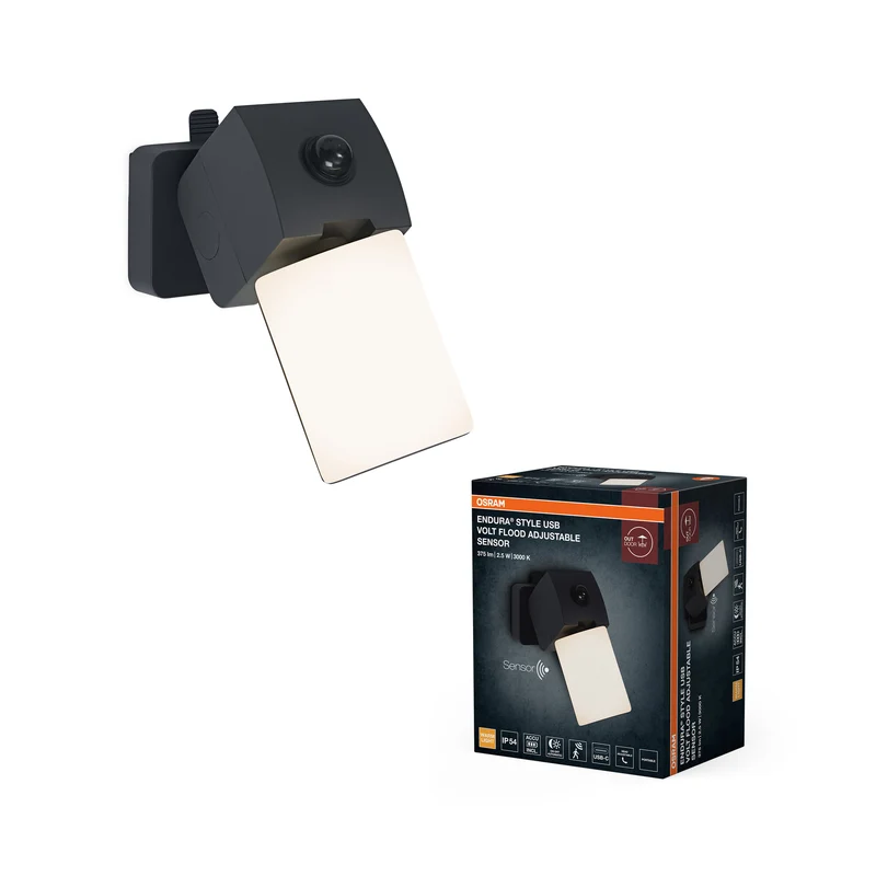 Lámpara de pared para exterior OSRAM, gris oscuro, 2,5 W, 275 lm, 3000 K, ángulo de haz de 111°, vida útil de 50 000 h, IP54, sensor de movimiento PIR, función de carga USB-C