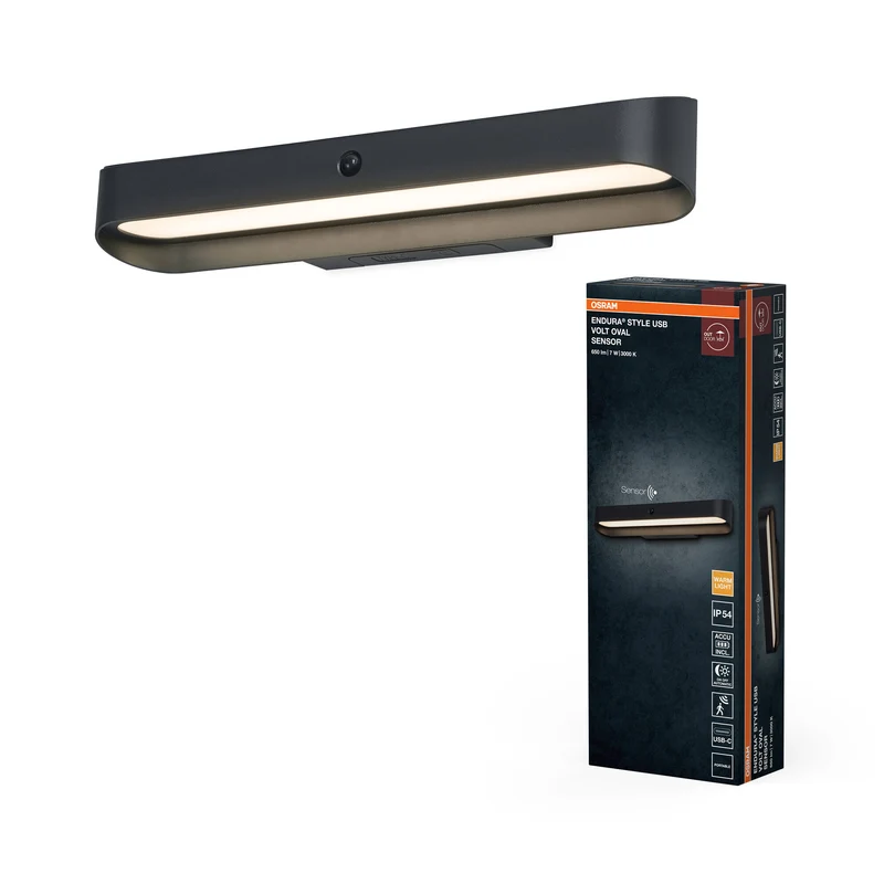 Lámpara de pared para exterior ENDURA Style USB Volt, gris oscuro, 7,00 W, 265 lm, 3000 K, ángulo de haz de 108°, vida útil de 50 000 h, IP54, batería con USB-C, sensor de movimiento, aluminio