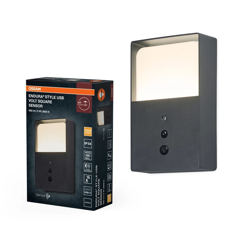 Lámpara de pared para exterior ENDURA Style USB Volt, gris oscuro, 5 W, 350 lm, 3000 K, ángulo de haz de 230°, IP54, batería de iones de litio, carga USB-C, vida útil de 50 000 h