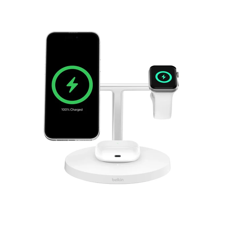 Cargador inalámbrico 3 en 1 Qi2 de 15 W con tecnología MagSafe BoostCharge Pro de Belkin - Blanco
