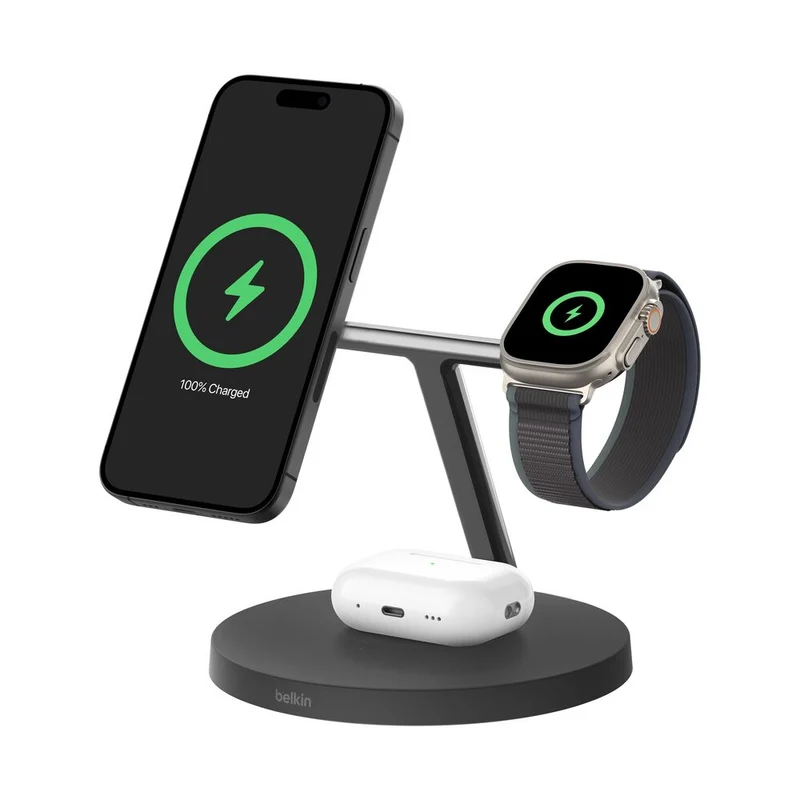 Cargador inalámbrico 3 en 1 Qi2 de 15 W con tecnología MagSafe BoostCharge Pro de Belkin - Negro