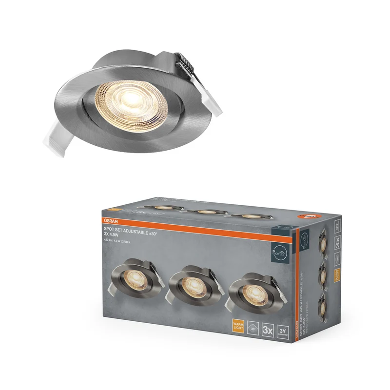 Conjunto de focos empotrables OSRAM LED Spot Recess, orientable, 4,9 W, 36°, níquel satinado, Ø75 mm