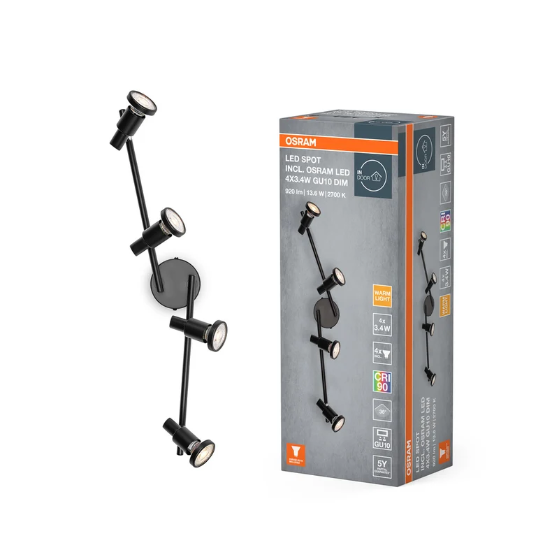 Lámpara de techo OSRAM LED SPOT GU10 4 x 3,4 W, 920 lm, negra