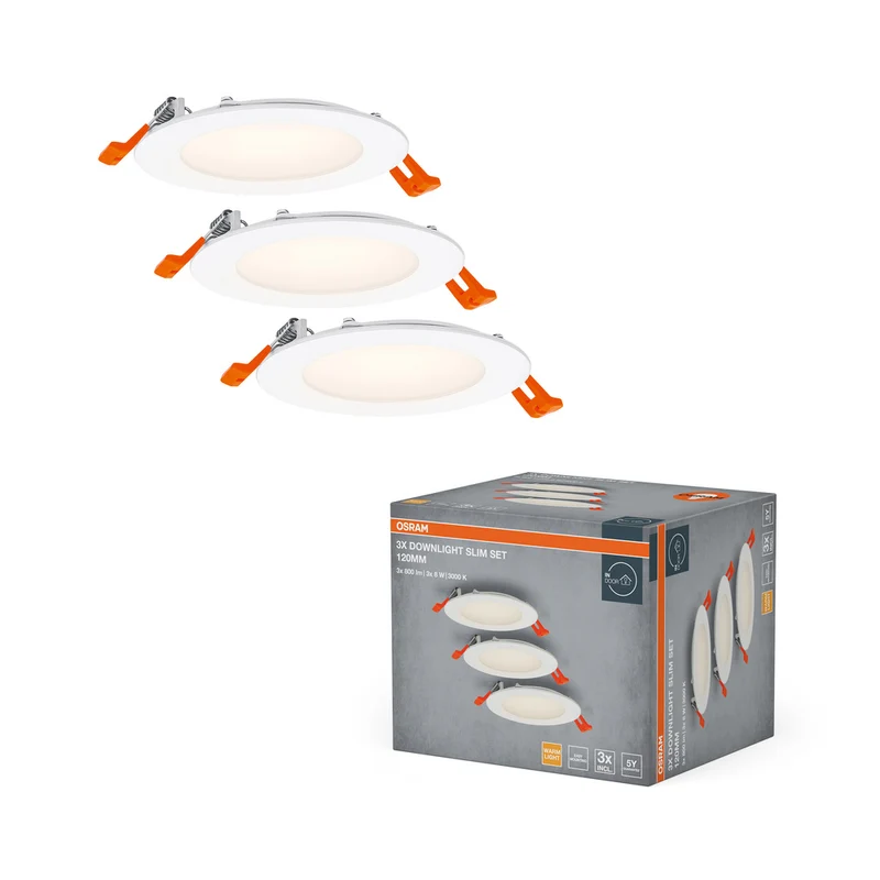 Foco empotrable OSRAM blanco, Downlight delgado con controlador integrado, Ø 120 mm, luz blanca cálida (3000K), 8W, IP20, paquete de 3
