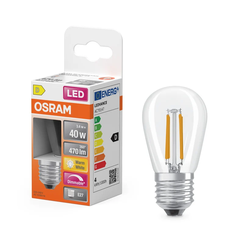 Lámpara LED de filamento regulable OSRAM con casquillo E27, luz blanca cálida (2700 K), efecto vela, 5 W, repuesto para bombilla incandescente de 40 W, transparente, LED Retrofit CLASSIC BA DIM