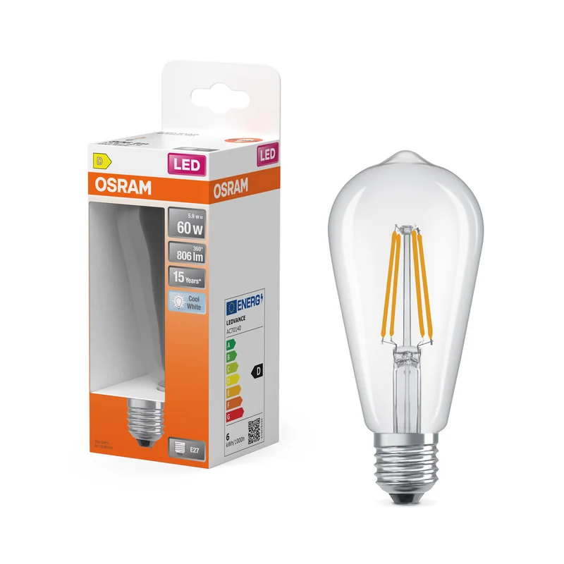 Lámpara LED OSRAM Star Classic, forma Edison, 6,5 W, 806 lm, transparente, blanco frío, E27