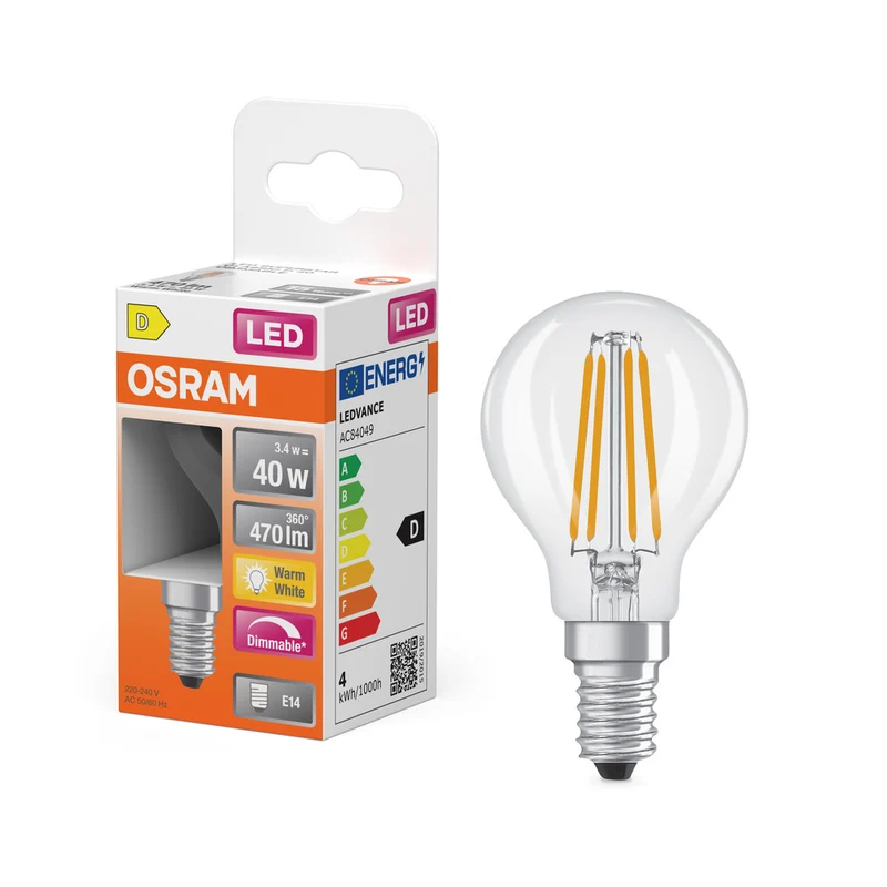 Lámpara LED OSRAM Retrofit Classic P regulable (ex 40W) 5W / 2700K Blanco cálido E14