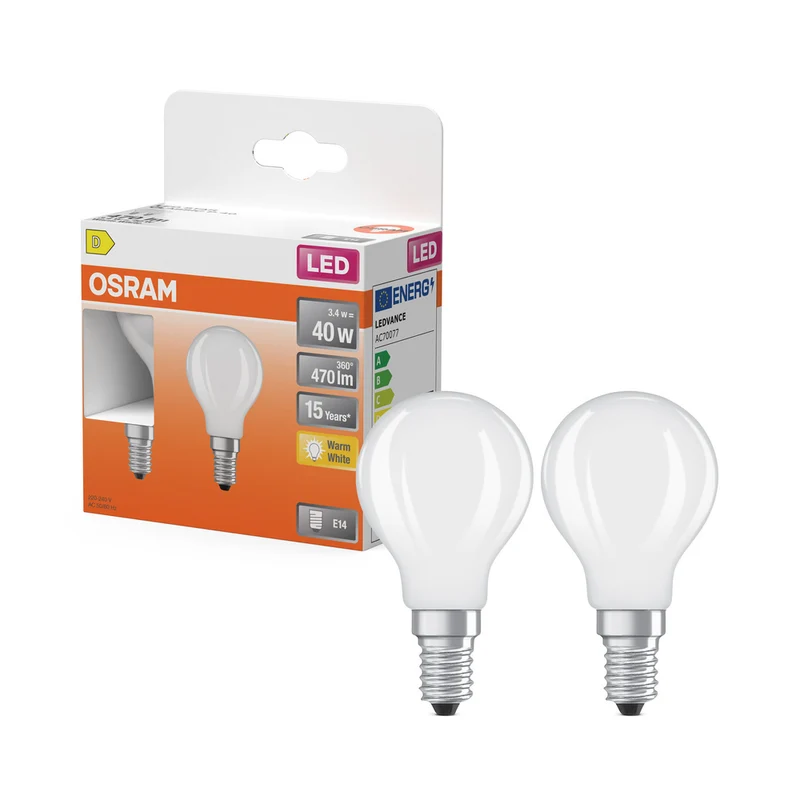Bombillas LED OSRAM, forma clásica de mini bola, equivalente a 40 W, E14, forma de P, 2700 Kelvin, blanco cálido, vidrio transparente, paquete de 2