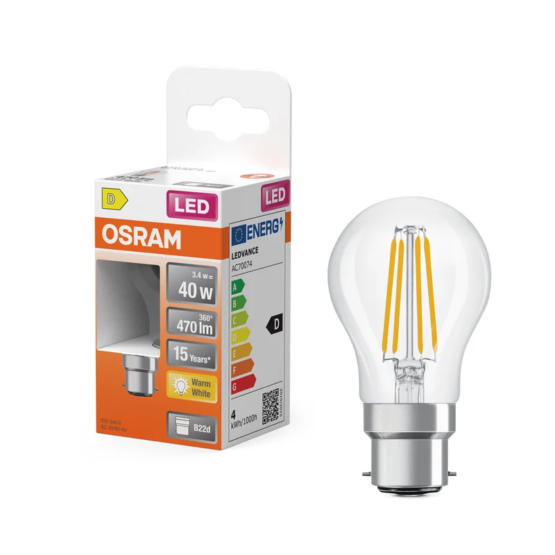 Lámpara LED OSRAM LED Retrofit CLASSIC P 4W 827 Clear B22d, 470 lm, 2700 K, blanco cálido