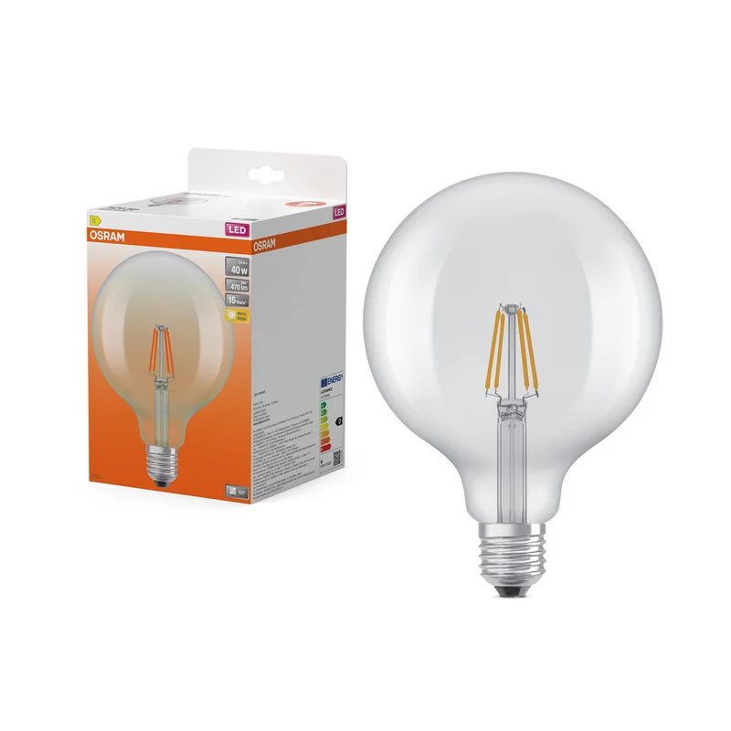 Bombillas LED OSRAM, forma esférica clásica, equivalente a 40 W, E27, G125, 2700 Kelvin, blanco cálido, vidrio transparente, paquete individual