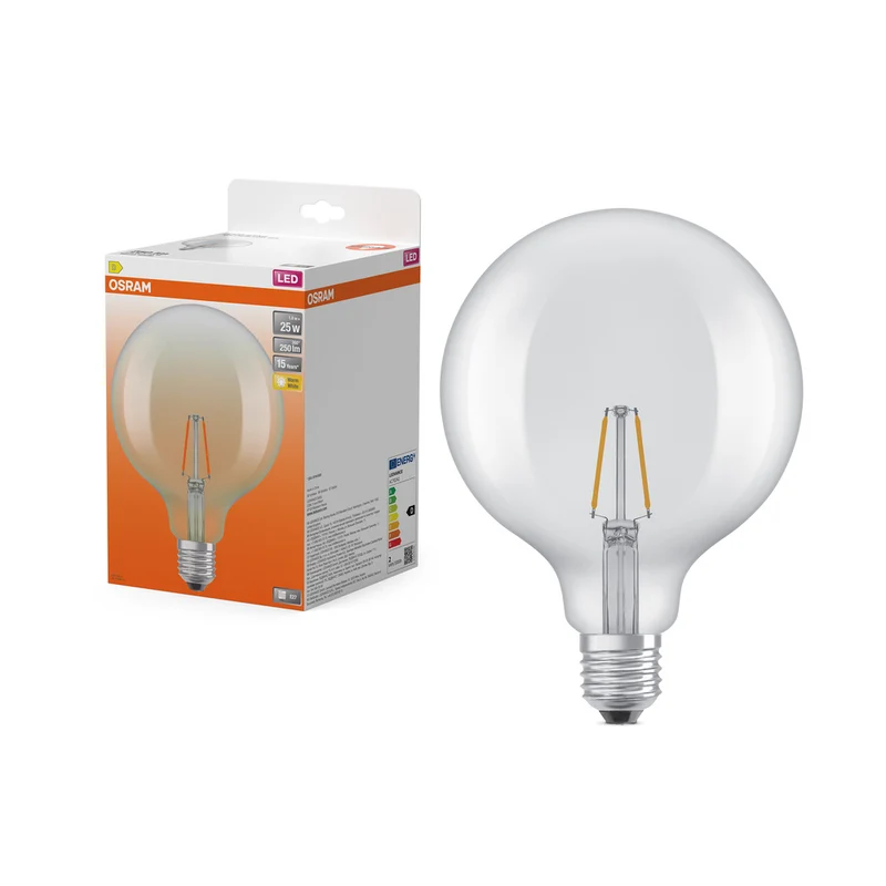 Bombillas LED OSRAM, forma esférica clásica, equivalente a 25 W, E27, G125, 2700 Kelvin, blanco cálido, vidrio transparente, paquete individual