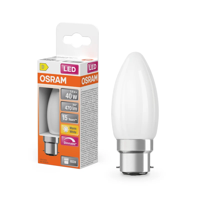 Lámpara LED OSRAM Retrofit CLASSIC B DIM 4,8W 82 Frosted B22d, 470 lm, 2700 K, blanco cálido