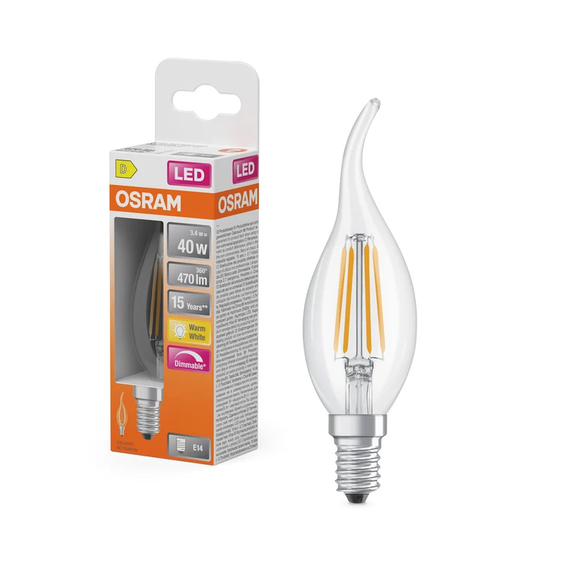 Lámpara LED OSRAM Retrofit CLASSIC BA DIM 4W 827 Transparente E14, 470 lm, 2700 K, Blanco cálido
